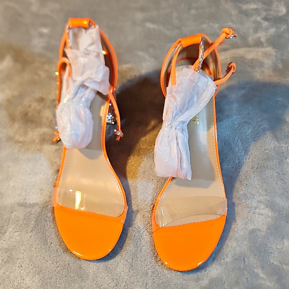 Kayleen Orange Synthetic Strappy Block Heel Ankle Strap Open Toe Tie Size 8